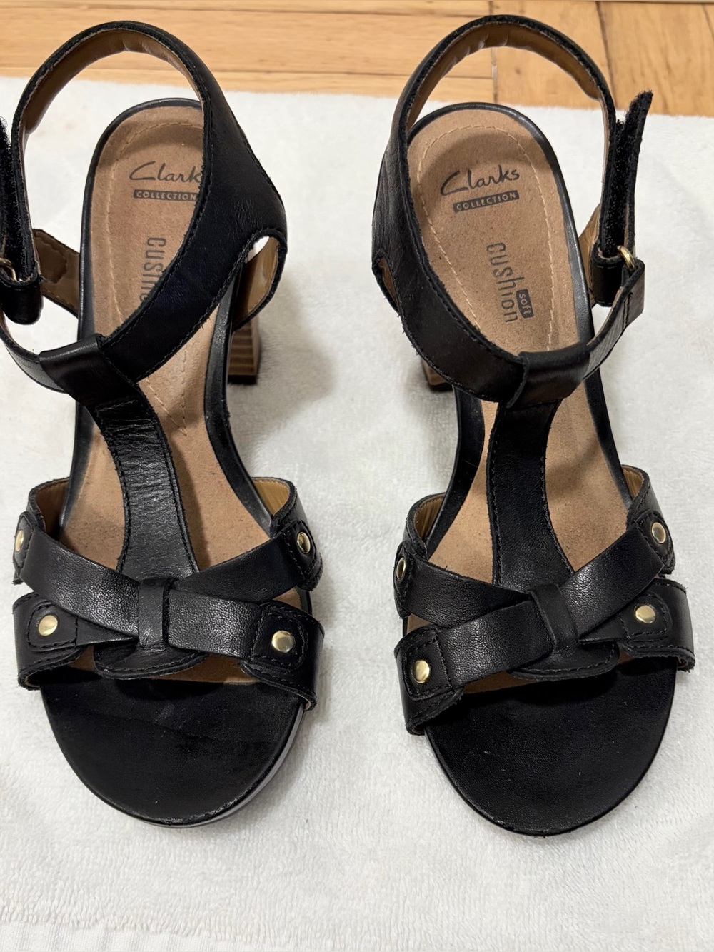 Clarks Black Leather T-Strap Heeled Sandals